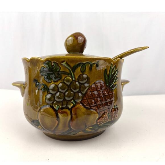 California Pottery Handled Tureen Ladle 2005 Mustard Yellow Embossed Fruit VTG - Picture 1 of 13
